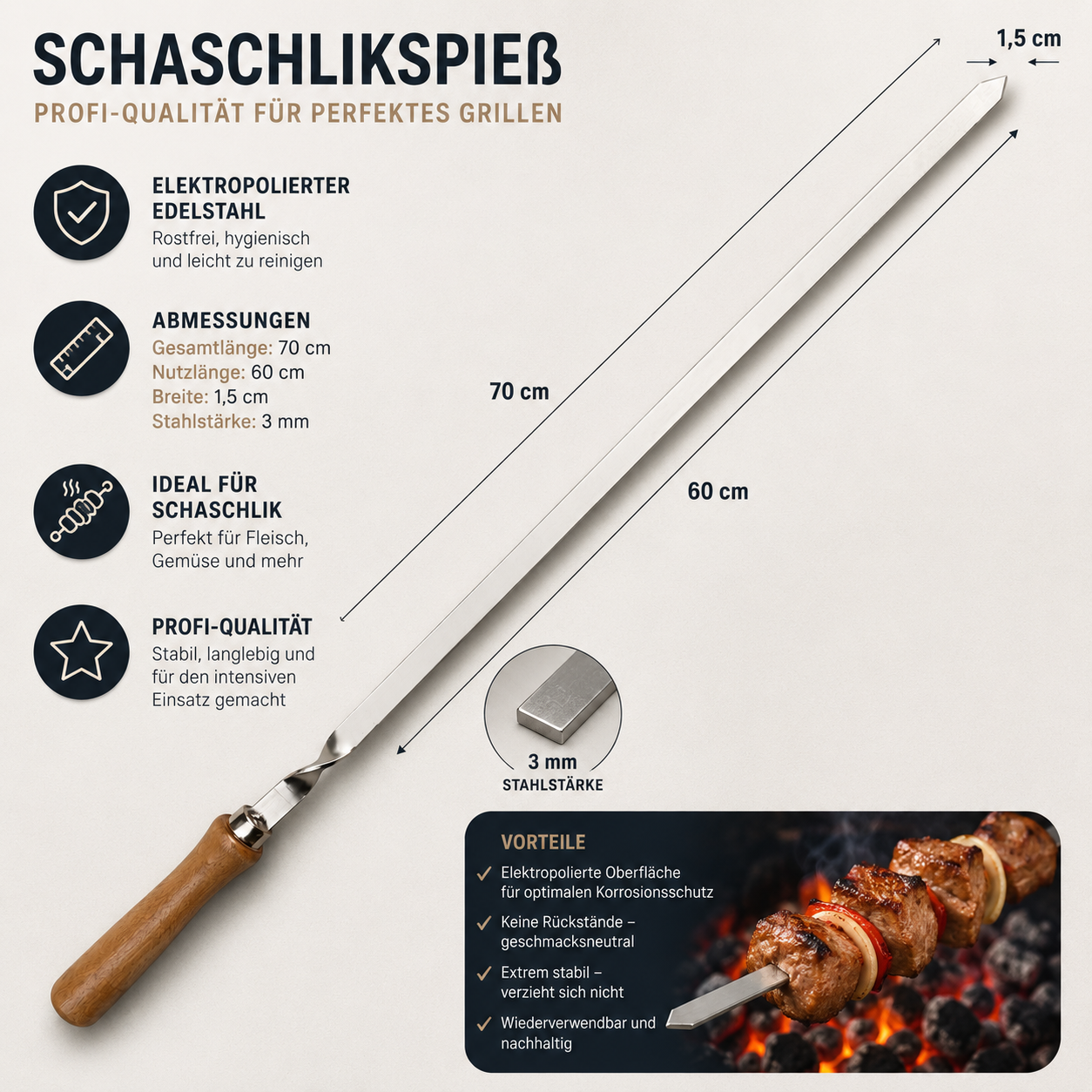 Edelstahl Grillspieß 700x15x3mm